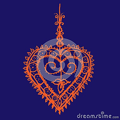 Orange Indian tracery pattern henna heart on deep blue background Vector Illustration